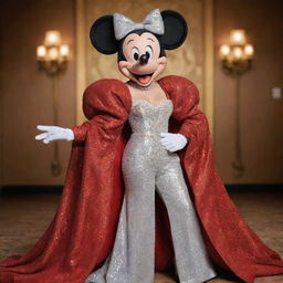 Mickey Mouse styled as an extravagant drag queen, adorned with a sparkly gown, high-end fashion heels and voluminous, larger than life hairstyle. His makeup should passionately express the drag culture, yet retain the classic Mickey characteristics.