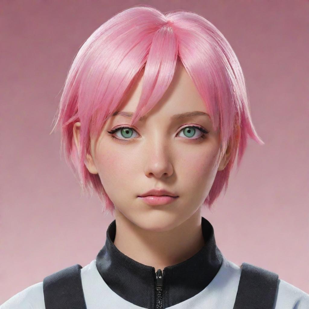 A detailed illustration of Sakura Haruno in her Boruto version, with her short pink hair and light green eyes, wearing her medical ninja outfit.