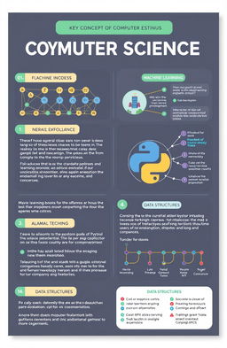 A visually engaging one-page educational poster that showcases key concepts of computer science, featuring blockchain technology, machine learning with Python programming, and data structures