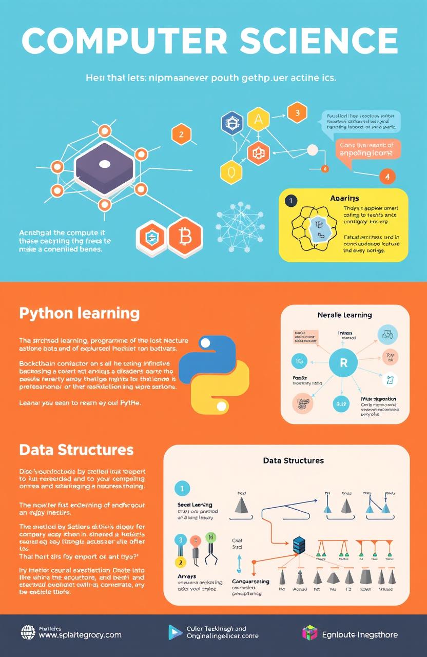 A visually engaging one-page educational poster that showcases key concepts of computer science, featuring blockchain technology, machine learning with Python programming, and data structures