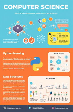 A visually engaging one-page educational poster that showcases key concepts of computer science, featuring blockchain technology, machine learning with Python programming, and data structures