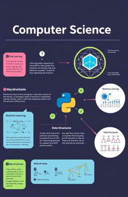 A visually engaging one-page educational poster that showcases key concepts of computer science, featuring blockchain technology, machine learning with Python programming, and data structures