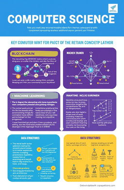 A visually engaging one-page educational poster that showcases key concepts of computer science, featuring blockchain technology, machine learning with Python programming, and data structures