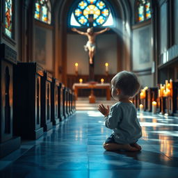 A visually serene and peaceful scene depicting a small child, around five years old, in a church