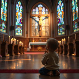 A visually serene and peaceful scene depicting a small child, around five years old, in a church