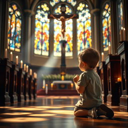 A visually serene and peaceful scene depicting a small child, around five years old, in a church