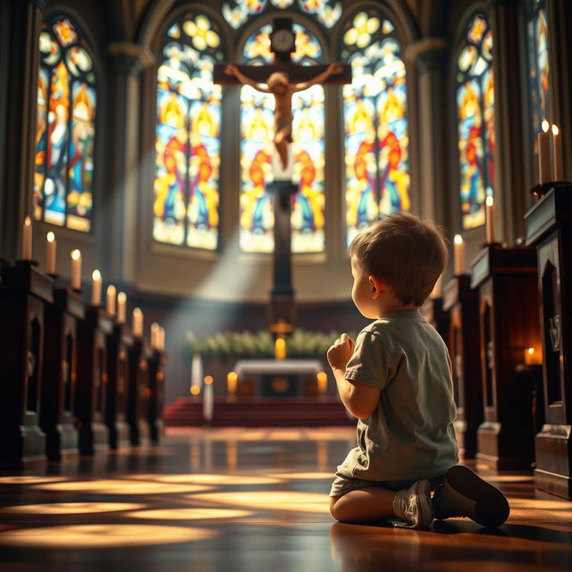 A visually serene and peaceful scene depicting a small child, around five years old, in a church