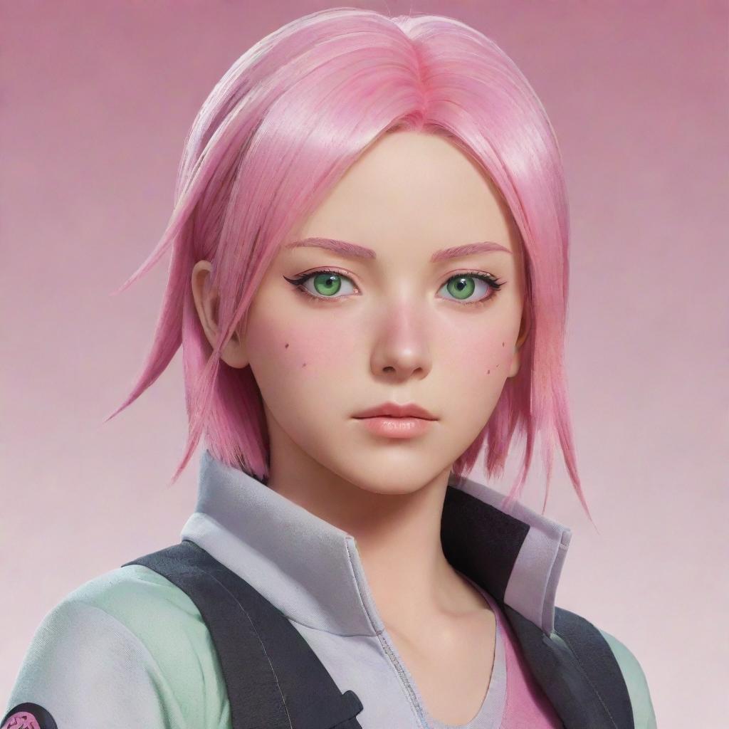 A detailed illustration of Sakura Haruno in her Boruto version, with her short pink hair and light green eyes, wearing her medical ninja outfit.