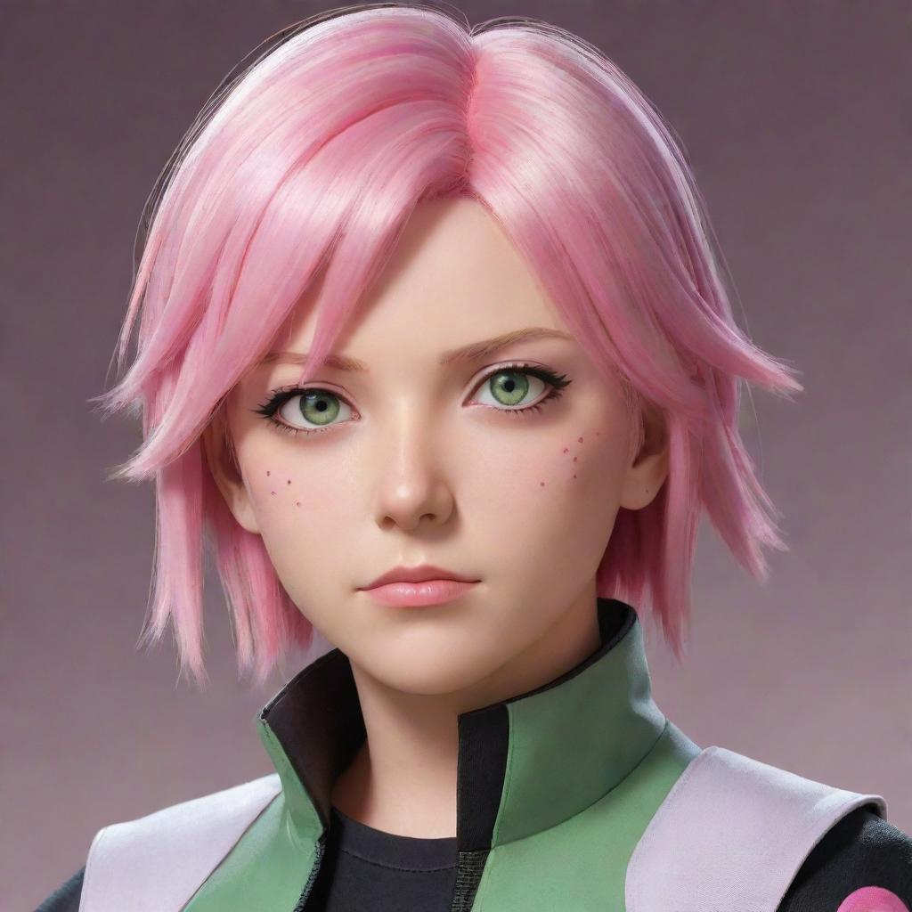 A detailed illustration of Sakura Haruno in her Boruto version, with her short pink hair and light green eyes, wearing her medical ninja outfit.