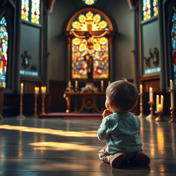 A visually serene and peaceful scene depicting a small child, around five years old, in a church