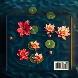 A stunning rectangular book cover back design featuring a serene water scene where vibrant Bougainville flowers and delicate lotuses float gracefully on the surface