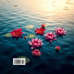 A stunning rectangular book cover back design featuring a serene water scene where vibrant Bougainville flowers and delicate lotuses float gracefully on the surface