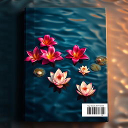 A stunning rectangular book cover back design featuring a serene water scene where vibrant Bougainville flowers and delicate lotuses float gracefully on the surface