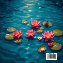 A stunning rectangular book cover back design featuring a serene water scene where vibrant Bougainville flowers and delicate lotuses float gracefully on the surface