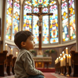 A serene scene inside a beautifully adorned church, featuring a five-year-old boy with a look of deep concentration and reverence as he kneels in prayer before a large crucifix of Jesus Christ