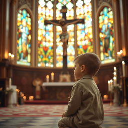 A serene scene inside a beautifully adorned church, featuring a five-year-old boy with a look of deep concentration and reverence as he kneels in prayer before a large crucifix of Jesus Christ