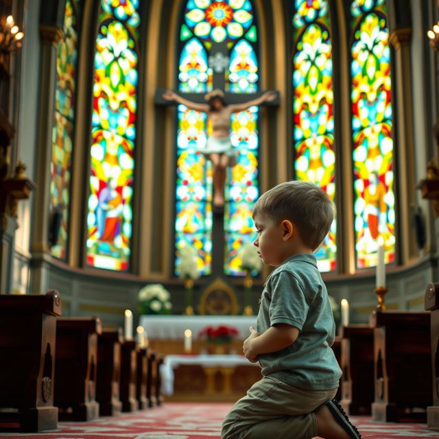 A serene scene inside a beautifully adorned church, featuring a five-year-old boy with a look of deep concentration and reverence as he kneels in prayer before a large crucifix of Jesus Christ