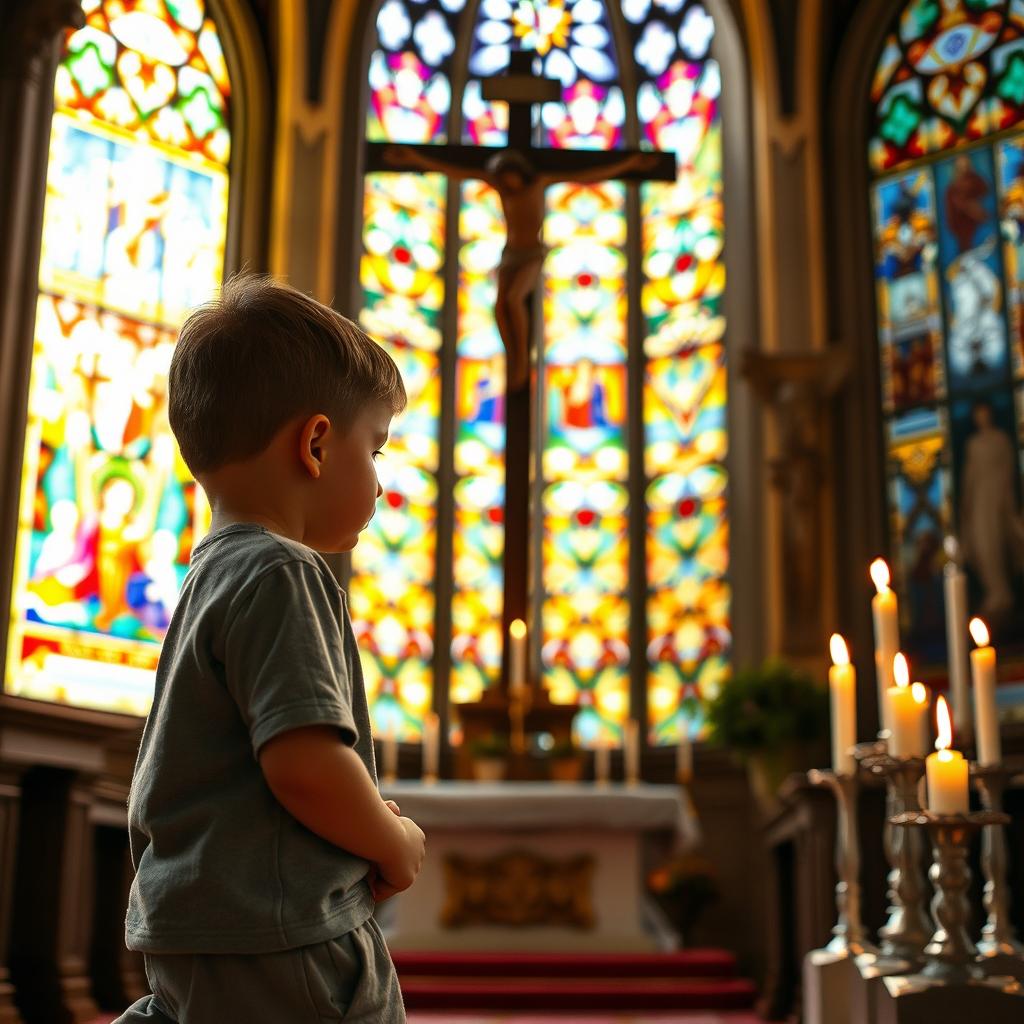 A serene scene inside a beautifully adorned church, featuring a five-year-old boy with a look of deep concentration and reverence as he kneels in prayer before a large crucifix of Jesus Christ