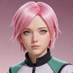 A detailed illustration of Sakura Haruno in her Boruto version, with her short pink hair and light green eyes, wearing her medical ninja outfit.