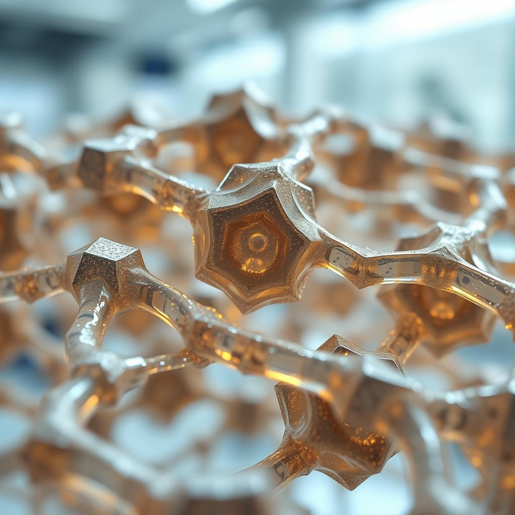 A close-up view of a polymer matrix highlighted with porous bipyramidic particles embedded within its structure