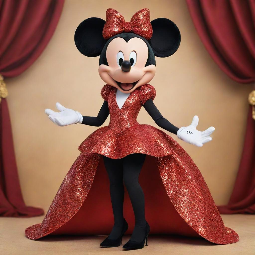 An animated version of Mickey Mouse as a luxurious drag queen. He is donned in a brilliant, sparkling gown, fashionable high-heels, and a larger-than-life hairstyle, while maintaining the classic cartoonish style of Disney.