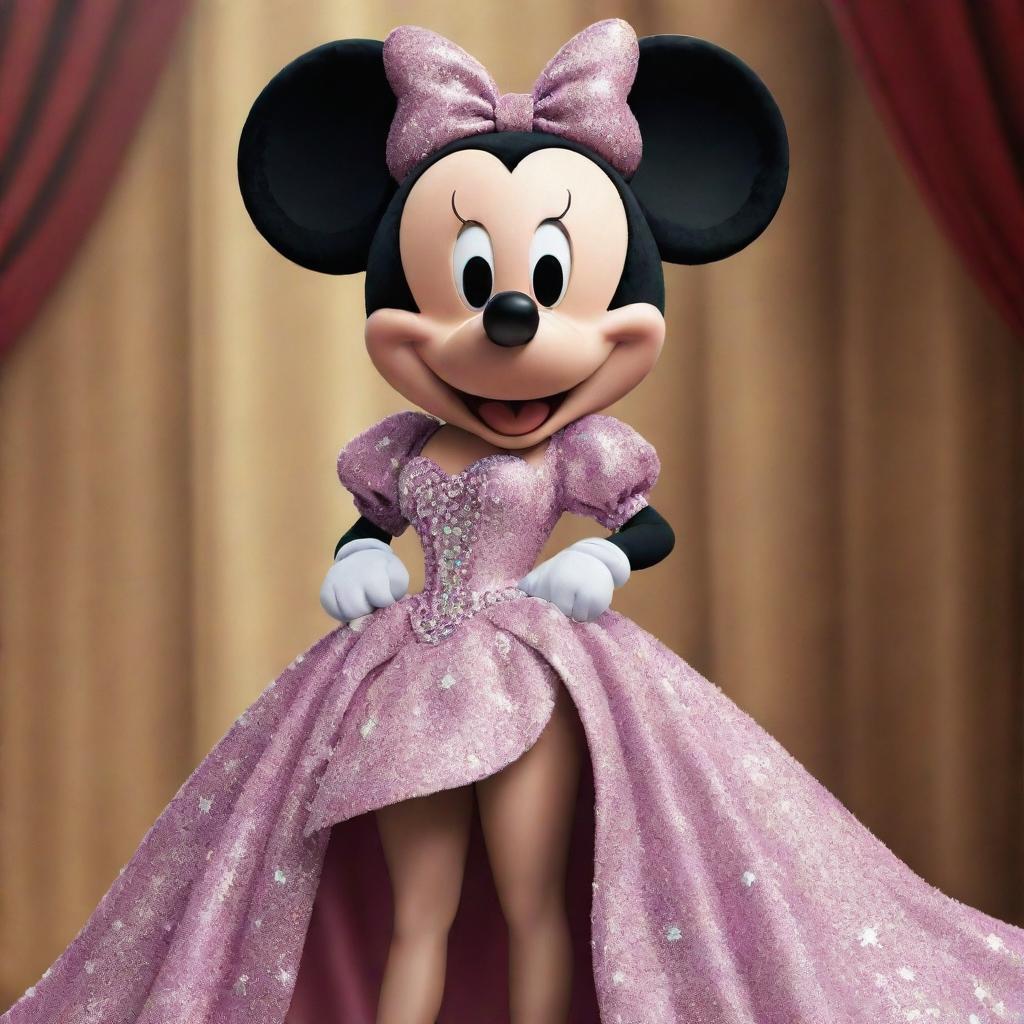 An animated version of Mickey Mouse as a luxurious drag queen. He is donned in a brilliant, sparkling gown, fashionable high-heels, and a larger-than-life hairstyle, while maintaining the classic cartoonish style of Disney.