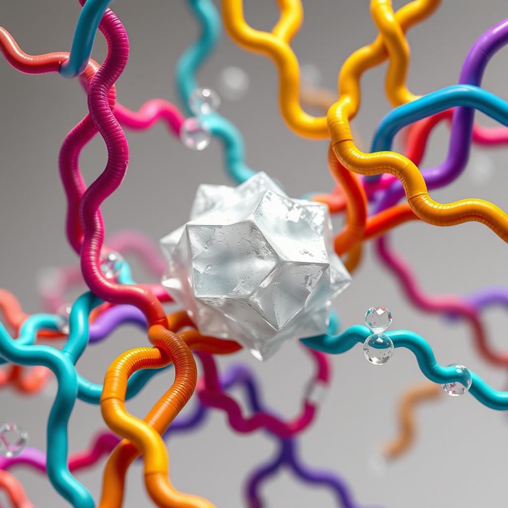 A detailed illustration of porous bipyramidic particles emerging within intricately woven polymer chains