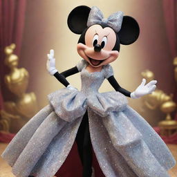 An animated version of Mickey Mouse as a luxurious drag queen. He is donned in a brilliant, sparkling gown, fashionable high-heels, and a larger-than-life hairstyle, while maintaining the classic cartoonish style of Disney.