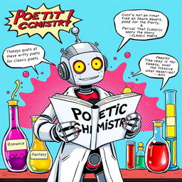 A vibrant comic book style illustration combining literature, chemistry, and robotics