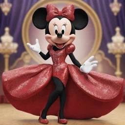 An animated version of Mickey Mouse as a luxurious drag queen. He is donned in a brilliant, sparkling gown, fashionable high-heels, and a larger-than-life hairstyle, while maintaining the classic cartoonish style of Disney.