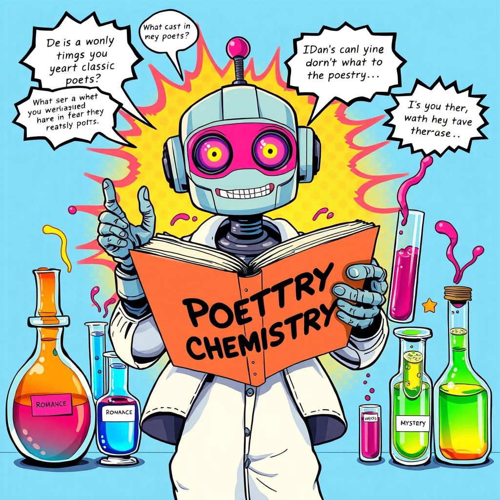 A vibrant comic book style illustration combining literature, chemistry, and robotics