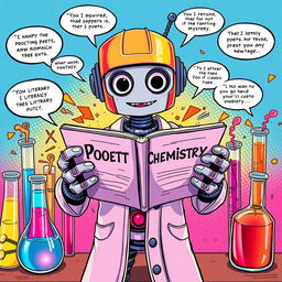 A vibrant comic book style illustration combining literature, chemistry, and robotics