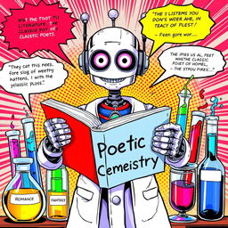 A vibrant comic book style illustration combining literature, chemistry, and robotics