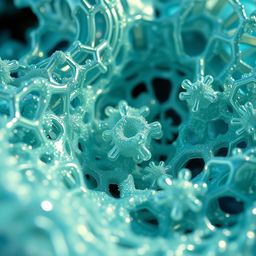 Microporous bipyramidic particles submerged within intricate polymer chains, showcasing a detailed and textured surface