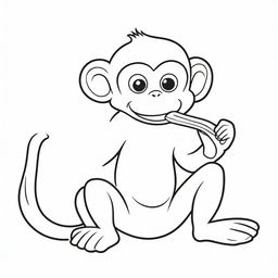 A charming, two-dimensional black and white outline of a monkey delightfully eating a banana for a colouring page.