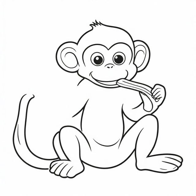 A charming, two-dimensional black and white outline of a monkey delightfully eating a banana for a colouring page.