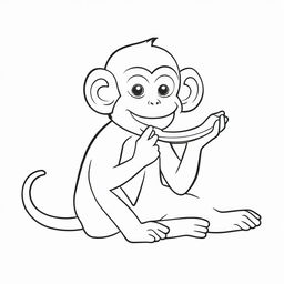 A charming, two-dimensional black and white outline of a monkey delightfully eating a banana for a colouring page.