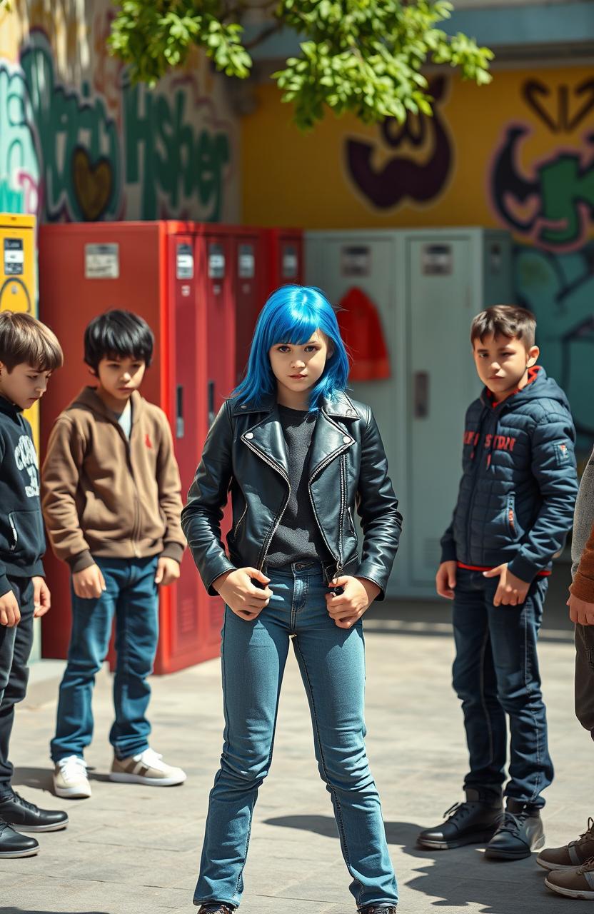 A brave student standing confidently against a group of bullies in a schoolyard setting