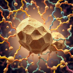 A scientific illustration depicting porous bipyramidic stone particles submerged within a dense array of polymer chains