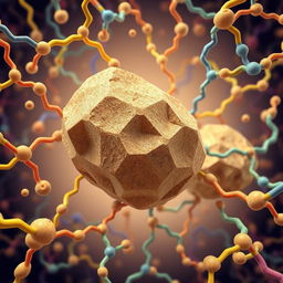 A scientific illustration depicting porous bipyramidic stone particles submerged within a dense array of polymer chains