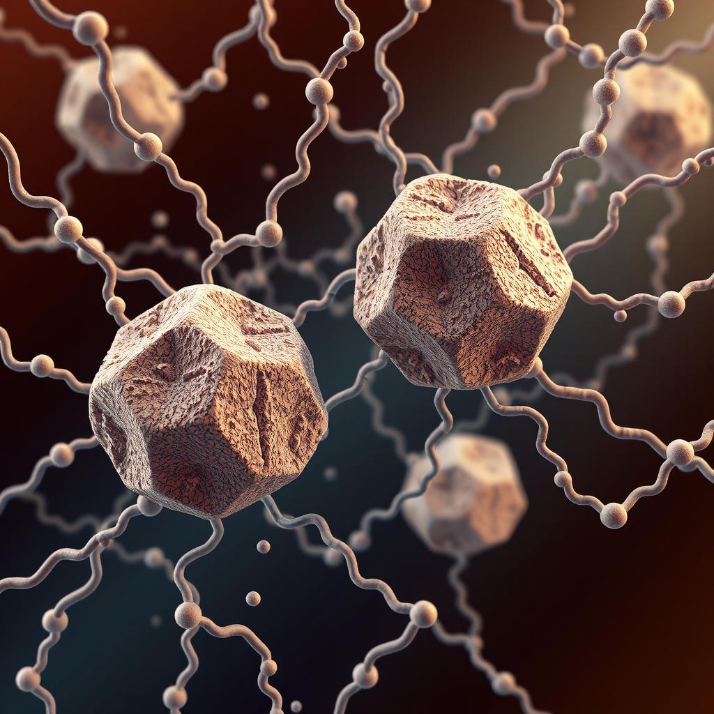 A scientific illustration depicting porous bipyramidic stone particles submerged within a dense array of polymer chains