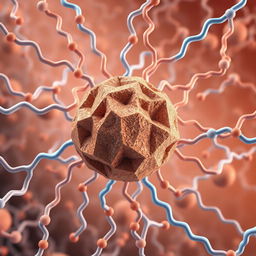 A scientific illustration depicting porous bipyramidic stone particles submerged within a dense array of polymer chains