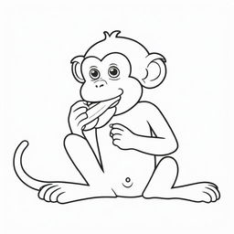 A charming, two-dimensional black and white outline of a monkey delightfully eating a banana for a colouring page.