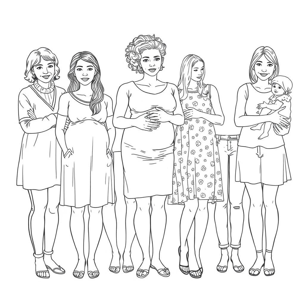 A detailed line drawing for a coloring book that realistically depicts a diverse group of several women and girls standing next to each other in greyscale outlines