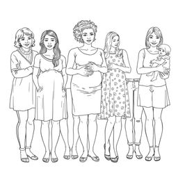 A detailed line drawing for a coloring book that realistically depicts a diverse group of several women and girls standing next to each other in greyscale outlines