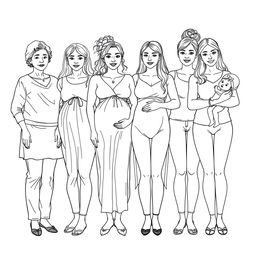 A detailed line drawing for a coloring book that realistically depicts a diverse group of several women and girls standing next to each other in greyscale outlines