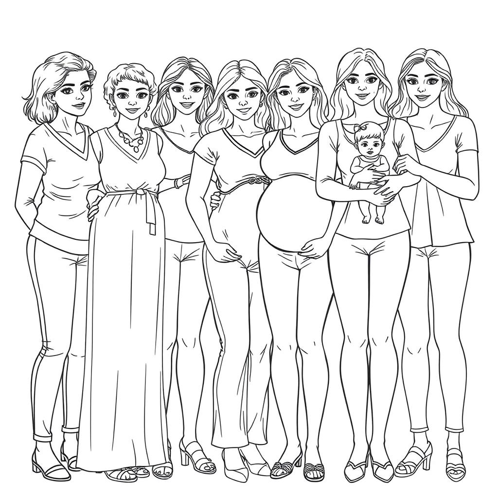 A detailed line drawing for a coloring book that realistically depicts a diverse group of several women and girls standing next to each other in greyscale outlines