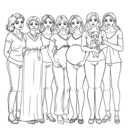 A detailed line drawing for a coloring book that realistically depicts a diverse group of several women and girls standing next to each other in greyscale outlines