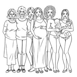 A detailed line drawing for a coloring book that realistically depicts a diverse group of several women and girls standing next to each other in greyscale outlines