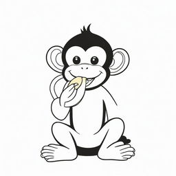 A charming, two-dimensional black and white outline of a monkey delightfully eating a banana for a colouring page.